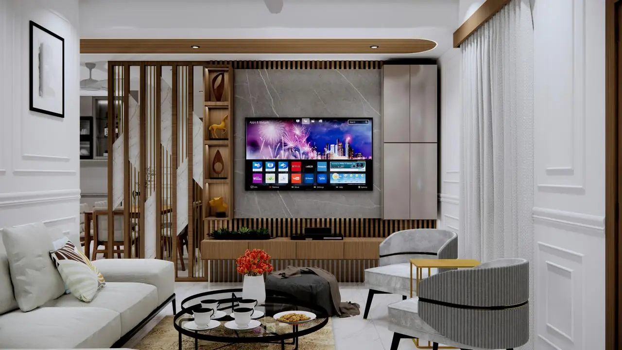 dnevni boravak sa sofom, stolom i TV-om